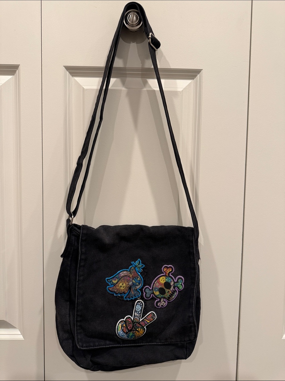Black Canvas Crossbody Bag with Colorful Embroidered Patches